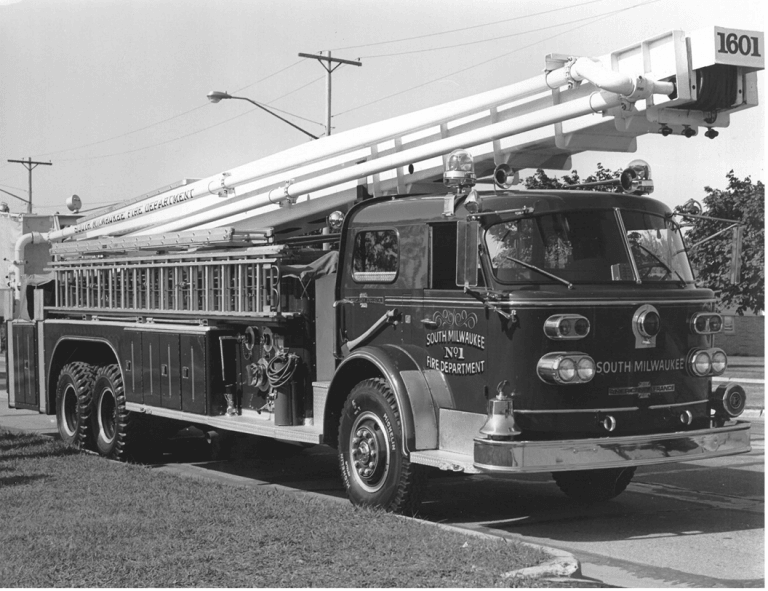 Black and White Image of a Fire Truck